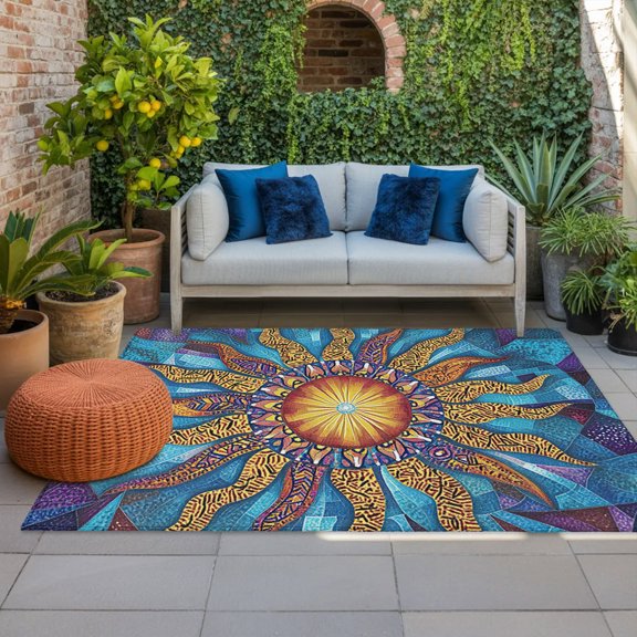 Outdoor Rug, Abstract Sun Pattern Indoor Area Rug Outdoor Carpet RV Camping Rugs 4x6ft Classic Bohemian Flame Outside Mat for Patio Picnic Porch Deck Balcony Backyard