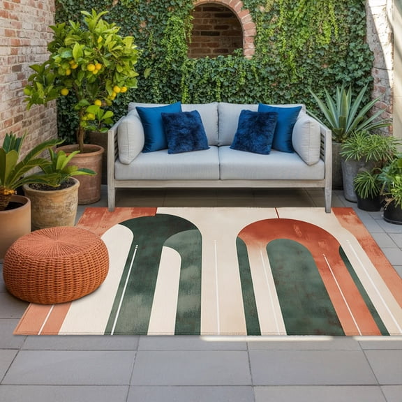 Outdoor Rug, Abstract Vintage Geometric Arch Indoor Area Rug Outdoor Carpet RV Camping Rugs 4x6ft Terracotta Green Color Block Outside Mat for Patio Picnic Porch Deck Balcony Backyard