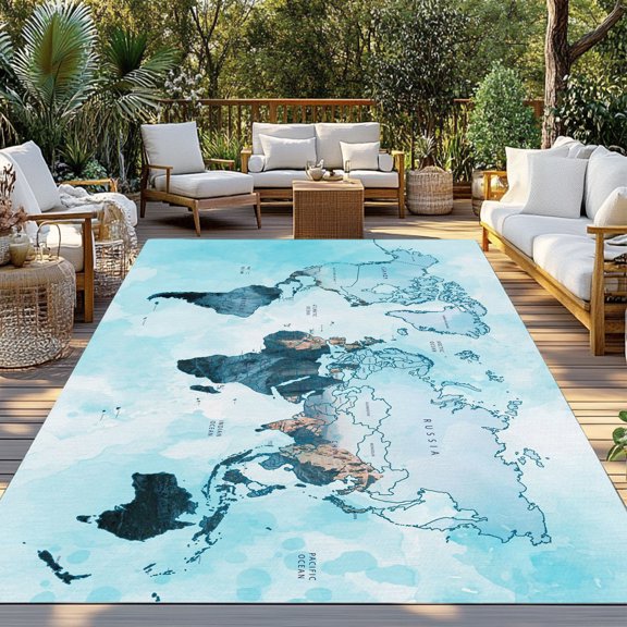 Outdoor Rug, Abstract World Map Indoor Area Rug Outdoor Carpet RV Camping Rugs 3x5ft Teal Blue Gradient Outside Mat for Patio Picnic Porch Deck Balcony Backyard