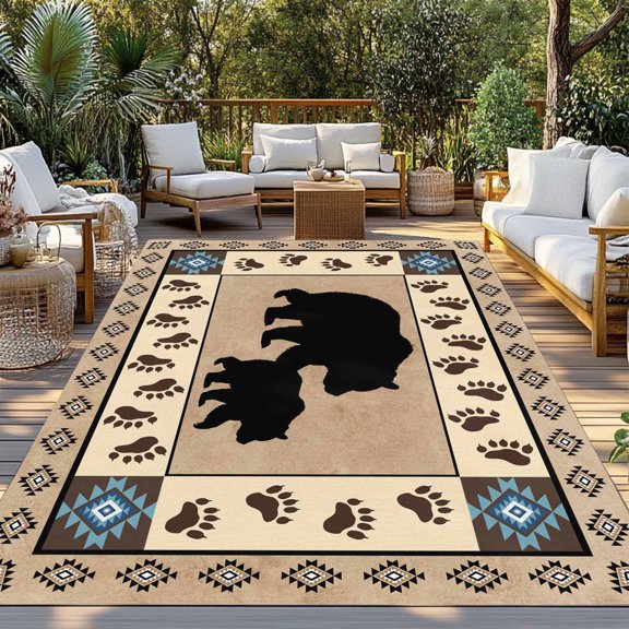 Outdoor Rug, Autumn Black Bear Footprints Indoor Area Rug Outdoor Carpet RV Camping Rugs 3x5ft Geometric Boho Artwork Outside Mat for Patio Picnic Porch Deck Balcony Backyard