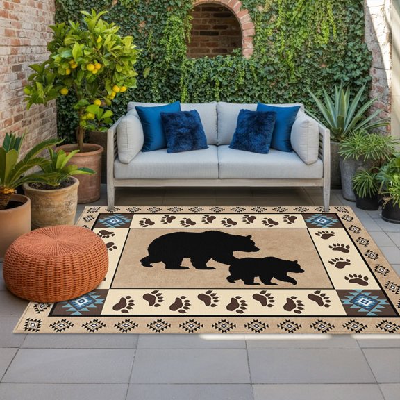 Outdoor Rug, Autumn Black Bear Footprints Indoor Area Rug Outdoor Carpet RV Camping Rugs 4x6ft Geometric Boho Artwork Outside Mat for Patio Picnic Porch Deck Balcony Backyard