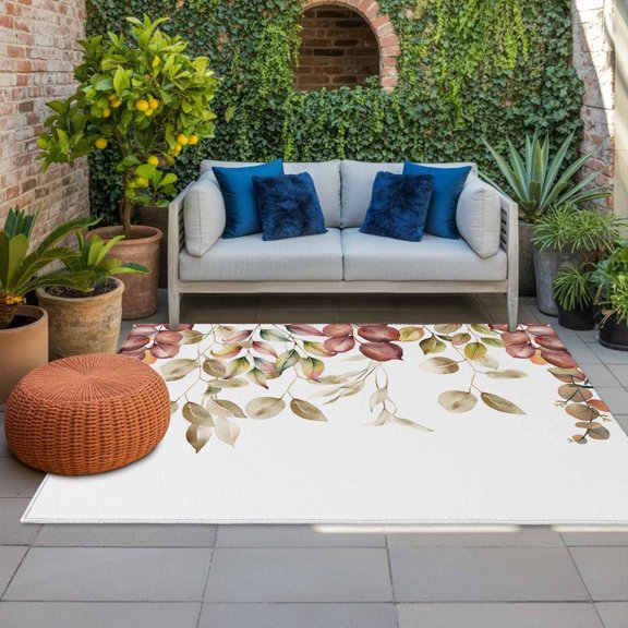 Outdoor Rug, Autumn Eucalyptus Leaves on White Indoor Area Rug Outdoor Carpet RV Camping Rugs 4x6ft Fallen Leaves Outside Mat for Patio Picnic Porch Deck Balcony Backyard