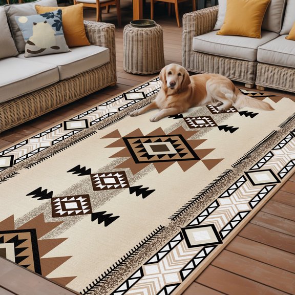 Outdoor Rug, Aztec Retro Brown Ethnic Style Indoor Area Rug Outdoor Carpet RV Camping Rugs 6x9ft Abstract Geometric Outside Mat for Patio Picnic Porch Deck Balcony Backyard