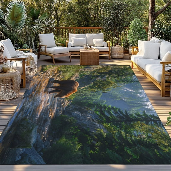 Outdoor Rug, Bear Forest Mountains River Indoor Area Rug Outdoor Carpet RV Camping Rugs 3x5ft Natural Scenery Outside Mat for Patio Picnic Porch Deck Balcony Backyard