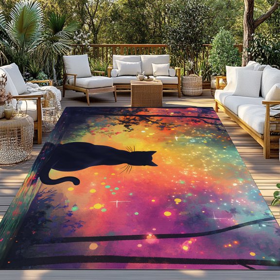 Outdoor Rug, Black Cat Silhouette Forest Indoor Area Rug Outdoor Carpet RV Camping Rugs 3x5ft Starry Night Lake Reflection Outside Mat for Patio Picnic Porch Deck Balcony Backyard