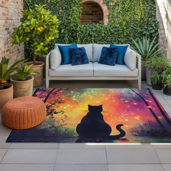 Outdoor Rug, Black Cat Silhouette Forest Indoor Area Rug Outdoor Carpet RV Camping Rugs 4x6ft Starry Night Lake Reflection Outside Mat for Patio Picnic Porch Deck Balcony Backyard