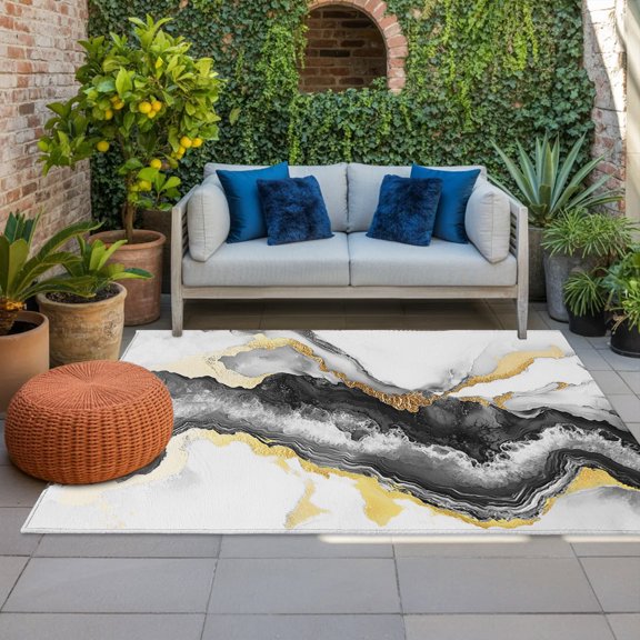 Outdoor Rug, Black Gold Marble Texture Indoor Area Rug Outdoor Carpet RV Camping Rugs 4x6ft Abstract Modern Stone Style Outside Mat for Patio Picnic Porch Deck Balcony Backyard