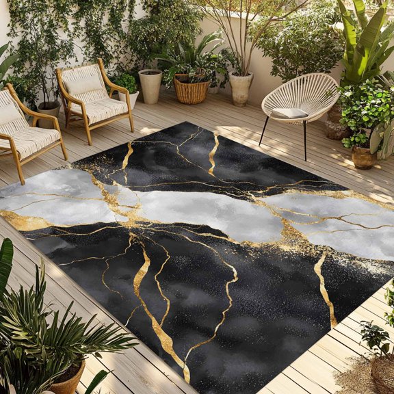 Outdoor Rug, Black Grey Gold Marble Texture Absorbant Non-Slip Area Rugs Mat Carpet for Patio Balcony Porch Backyard Deck Rv Camping 5x8ft Luxury Pattern Flow Stone