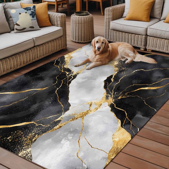 Outdoor Rug, Black Grey Gold Marble Texture Indoor Area Rug Outdoor Carpet RV Camping Rugs 6x9ft Luxury Pattern Flow Stone Outside Mat for Patio Picnic Porch Deck Balcony Backyard