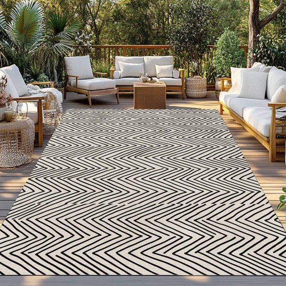 Outdoor Rug, Black Herringbone Retro Linen Indoor Area Rug Outdoor Carpet RV Camping Rugs 3x5ft Abstract Geometric Texture Outside Mat for Patio Picnic Porch Deck Balcony Backyard