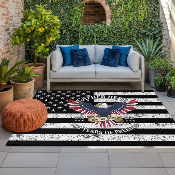 Outdoor Rug, Black White American Flag Indoor Area Rug Outdoor Carpet RV Camping Rugs 4x6ft July 4th Patriotic Eagle Star Stripe Outside Mat for Patio Picnic Porch Deck Balcony Backyard