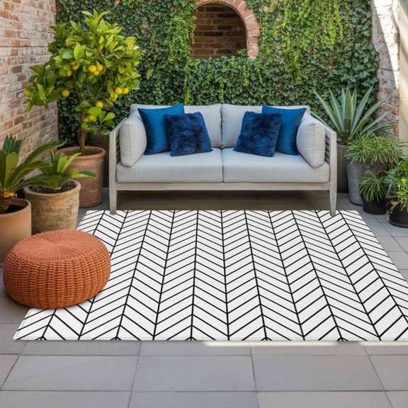 Outdoor Rug, Black White Chevron Texture Indoor Area Rug Outdoor Carpet RV Camping Rugs 4x6ft Modern Minimalist Geometric Art Outside Mat for Patio Picnic Porch Deck Balcony Backyard