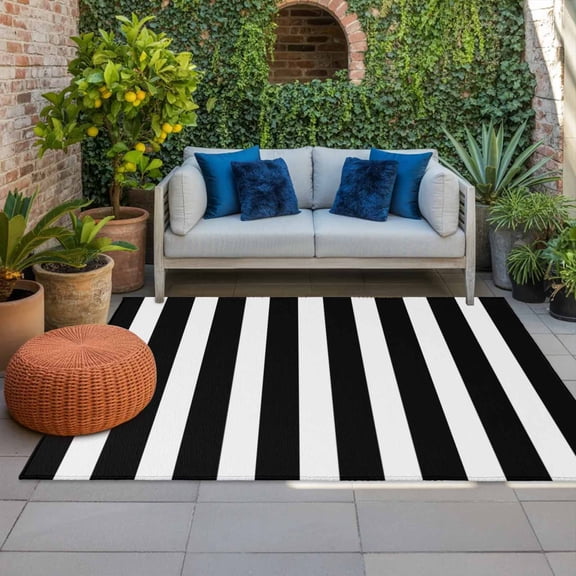 Outdoor Rug, Black and White Stripe Indoor Area Rug Outdoor Carpet RV Camping Rugs 4x6ft Geometric Modern Minimalist Art Outside Mat for Patio Picnic Porch Deck Balcony Backyard