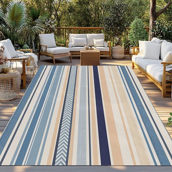 Outdoor Rug, Blue Beige Stripes Lines Indoor Area Rug Outdoor Carpet RV Camping Rugs 3x5ft Abstract Geometric Pattern Outside Mat for Patio Picnic Porch Deck Balcony Backyard
