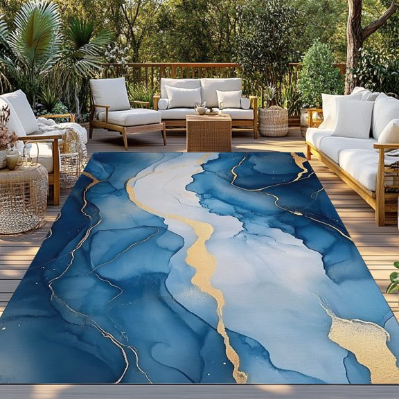 Outdoor Rug, Blue Gradient Marble Water Ripple Indoor Area Rug Outdoor Carpet RV Camping Rugs 3x5ft Abstract Ombre Outside Mat for Patio Picnic Porch Deck Balcony Backyard