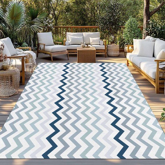 Outdoor Rug, Blue Gray Chevron Modern Geometric Art Indoor Area Rug Outdoor Carpet RV Camping Rugs 3x5ft Zig Zag Lines Outside Mat for Patio Picnic Porch Deck Balcony Backyard