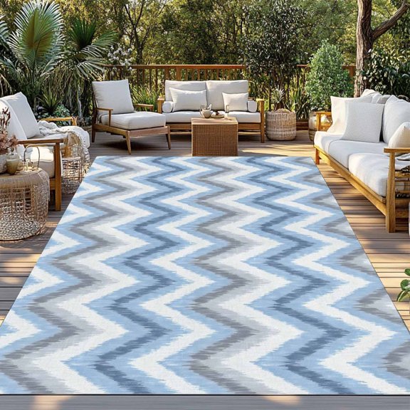 Outdoor Rug, Blue Gray Zigzag Chevron Indoor Area Rug Outdoor Carpet RV Camping Rugs 3x5ft Abstract Geometric Water Ripple Outside Mat for Patio Picnic Porch Deck Balcony Backyard