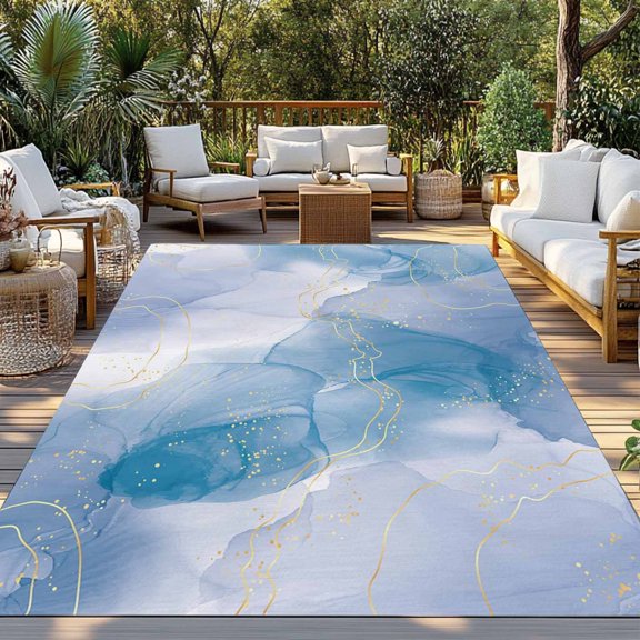Outdoor Rug, Blue Marble Gradient Gold Stripes Indoor Area Rug Outdoor Carpet RV Camping Rugs 3x5ft Abstract Ink Ombre Outside Mat for Patio Picnic Porch Deck Balcony Backyard