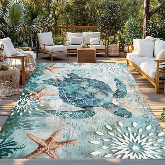 Outdoor Rug, Blue Sea Turtle Ocean Starfish Indoor Area Rug Outdoor Carpet RV Camping Rugs 3x5ft Seaweed Vintage Map Outside Mat for Patio Picnic Porch Deck Balcony Backyard