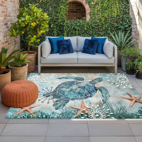 Outdoor Rug, Blue Sea Turtle Ocean Starfish Indoor Area Rug Outdoor Carpet RV Camping Rugs 4x6ft Seaweed Vintage Map Outside Mat for Patio Picnic Porch Deck Balcony Backyard