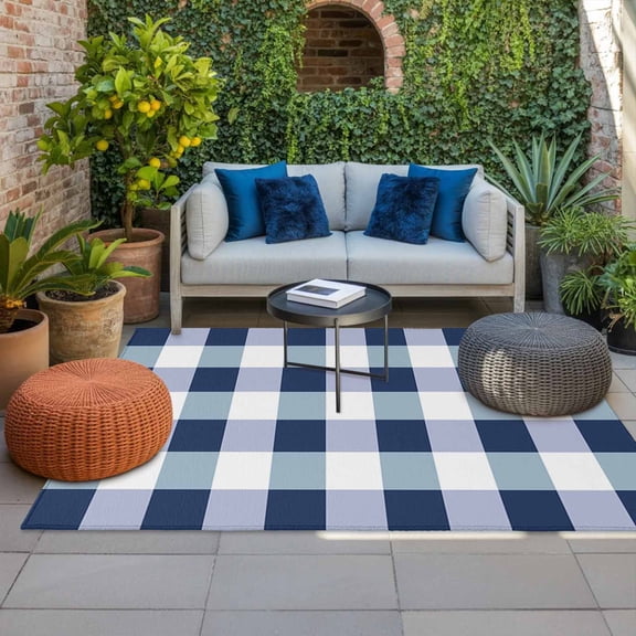 Outdoor Rug, Blue White Gingham Plaid Absorbant Non-Slip Area Rugs Mat Carpet for Patio Balcony Porch Backyard Deck Rv Camping 4x6ft Nautical Checkered