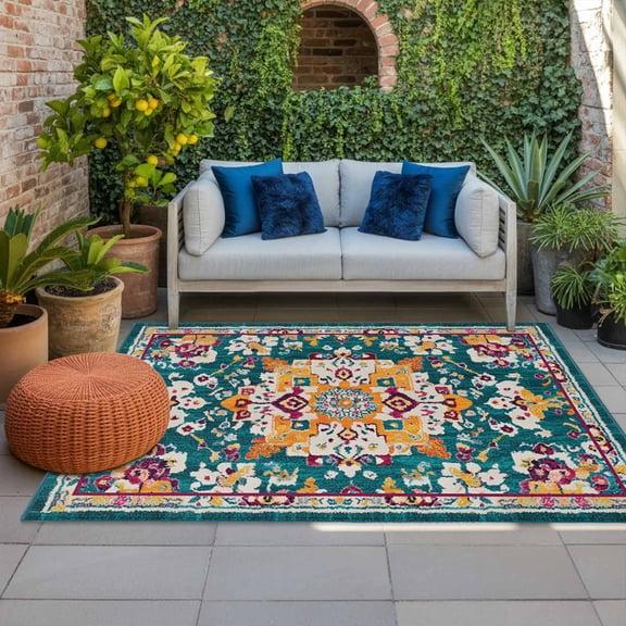 Outdoor Rug, Bohemia Terracotta Flower Indoor Area Rug Outdoor Carpet RV Camping Rugs 4x6ft Tribal Abstract Aesthetic Outside Mat for Patio Picnic Porch Deck Balcony Backyard