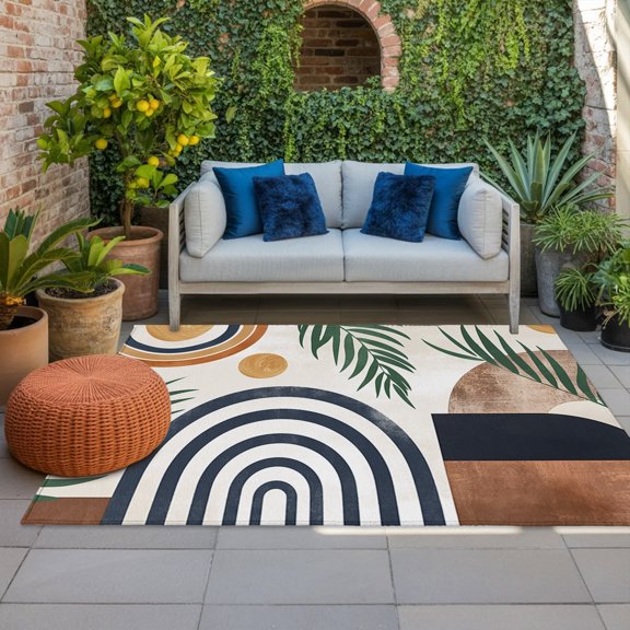 Outdoor Rug, Bohemian Arch Sun Abstract Geometric Indoor Area Rug Outdoor Carpet RV Camping Rugs 4x6ft Palm Leaf Nordic Style Outside Mat for Patio Picnic Porch Deck Balcony Backyard