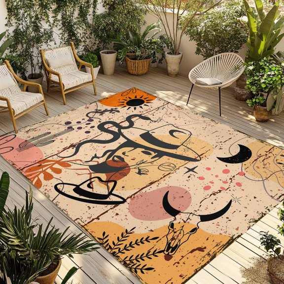 Outdoor Rug, Bohemian Vintage Western Cowboy Hat Cactus Indoor Area Rug Outdoor Carpet RV Camping Rugs 5x8ft Wild West Desert Outside Mat for Patio Picnic Porch Deck Balcony Backyard