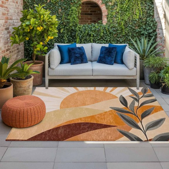 Outdoor Rug, Boho Sun Mountains Abstract Leaves Indoor Area Rug Outdoor Carpet RV Camping Rugs 4x6ft Mid Century Retro Style Outside Mat for Patio Picnic Porch Deck Balcony Backyard