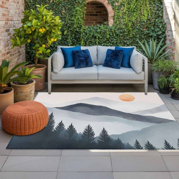 Outdoor Rug, Boho Sun Mountains Forest Shadow Indoor Area Rug Outdoor Carpet RV Camping Rugs 4x6ft Abstract Geometric Outside Mat for Patio Picnic Porch Deck Balcony Backyard