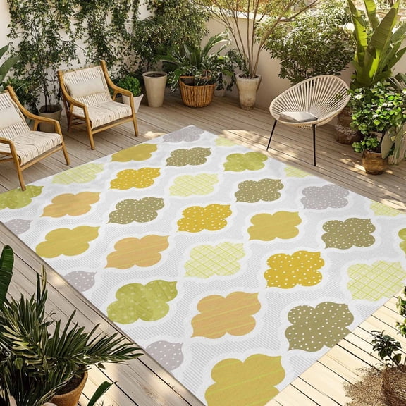 Outdoor Rug, Boho Yellow Geometric Medieval Indoor Area Rug Outdoor Carpet RV Camping Rugs 5x8ft Abstract Grid Moroccan Outside Mat for Patio Picnic Porch Deck Balcony Backyard