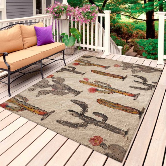 Outdoor Rug, Brown Cactus Red Flowers Vintage Back Absorbant Non-Slip Area Rugs Mat Carpet for Patio Balcony Porch Backyard Deck Rv Camping 3x5ft Tropical Plants