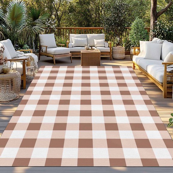 Outdoor Rug, Brown White Square Plaid Indoor Area Rug Outdoor Carpet RV Camping Rugs 3x5ft Lines Checkered Texture Outside Mat for Patio Picnic Porch Deck Balcony Backyard