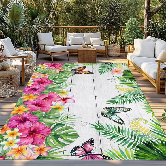 Outdoor Rug, Burmese Gardenia Flower Butterflies Indoor Area Rug Outdoor Carpet RV Camping Rugs 3x5ft Purple Floral Art Outside Mat for Patio Picnic Porch Deck Balcony Backyard