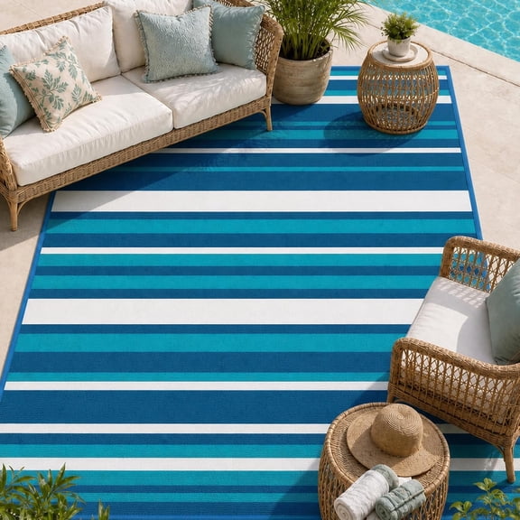 Outdoor Rug Camping Essentials - 5x8 FT Outdoor Plastic Straw Rug for Patio Clearance, Waterproof RV Essentials Outside Area Rug for Deck Garden, Backyard Patio Furniture Set, Blue White