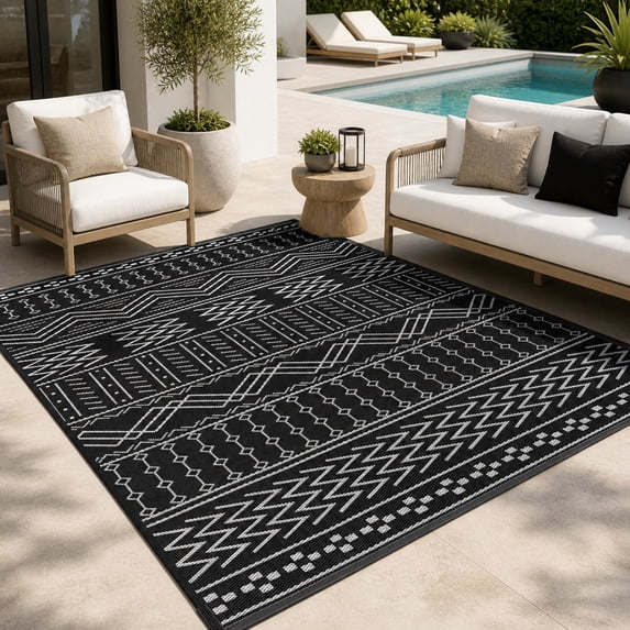 UNTIMATY 5'×8' Boho Outdoor Rug Waterproof Patio Carpet Outdoor Area Rug Large Plastic Straw Mat for RV Camping Porch Deck Balcony, Black