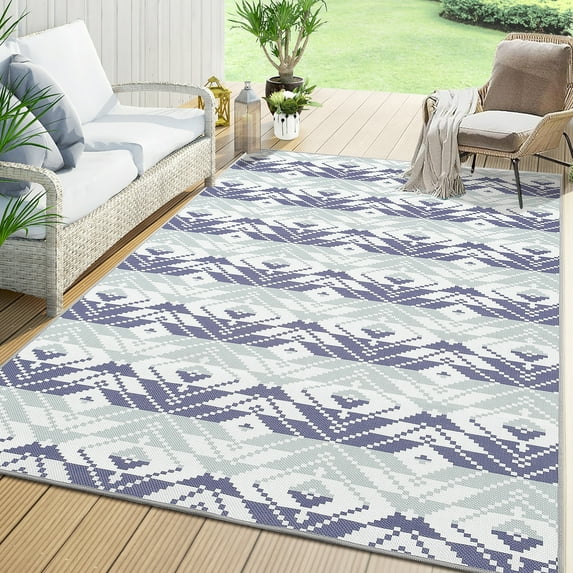 Outdoor Rug Carpet, 5x8 Ft Non Slip Washable Rug, Rustic Large Floor Mat, Modern Area Rug for Backyard Garden Picnic Beach Living Room Blue
