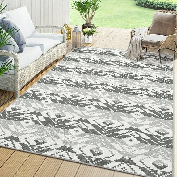 Outdoor Rug Carpet, 9x12 Ft Non Slip Washable Rug, Rustic Large Floor Mat, Modern Area Rug for Backyard Garden Picnic Beach Living Room Black