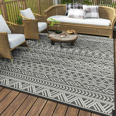 Outdoor Rug Carpet Waterproof 5x8 ft Reversible Patio Rug RV Camping Rug-Plastic Straw Rug Outside Indoor Outdoor Area Rug for Patio Deck Balcony Picnic Beach Outdoor Decor Boho Grey