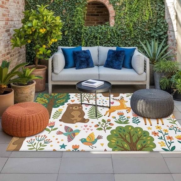 Outdoor Rug, Cartoon Animal Green Forest Absorbant Non-Slip Area Rugs Mat Carpet for Patio Balcony Porch Backyard Deck Rv Camping 4x6ft Cute Brown Bear Deer