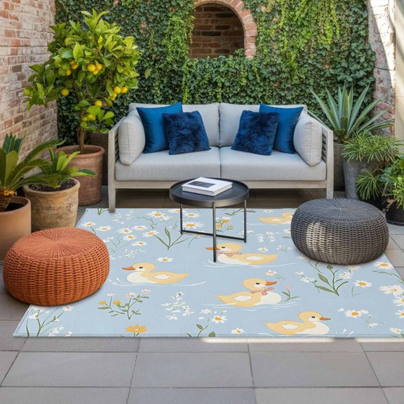 Outdoor Rug, Cartoon Cute Duck Flower Absorbant Non-Slip Area Rugs Mat Carpet for Patio Balcony Porch Backyard Deck Rv Camping 4x6ft Farm Animals on Blue Lake