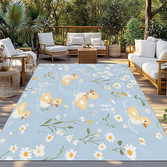 Outdoor Rug, Cartoon Cute Duck Flower Indoor Area Rug Outdoor Carpet RV Camping Rugs 3x5ft Farm Animals on Blue Lake Outside Mat for Patio Picnic Porch Deck Balcony Backyard