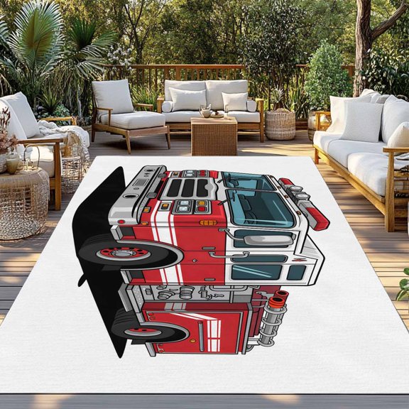 Outdoor Rug, Cartoon Fire Truck Red Grey Car Indoor Area Rug Outdoor Carpet RV Camping Rugs 3x5ft Patriotic Firefighter Trucks on White Outside Mat for Patio Picnic Porch Deck Balcony Backyard