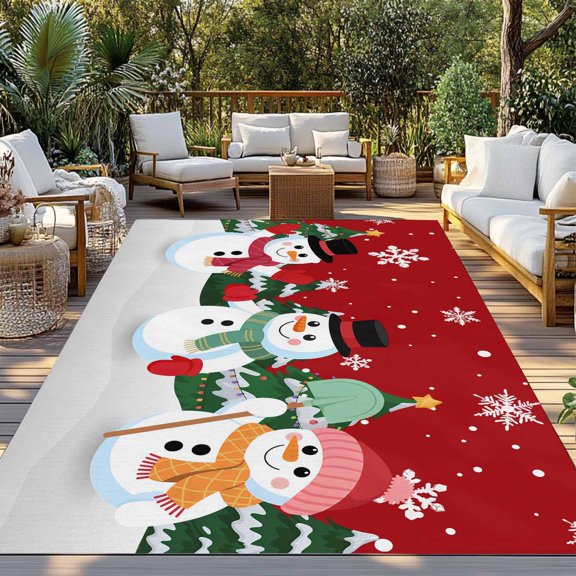Outdoor Rug, Cartoon Snowman Christmas Tree Snowflakes Indoor Area Rug Outdoor Carpet RV Camping Rugs 3x5ft Falling Snow on Red Outside Mat for Patio Picnic Porch Deck Balcony Backyard