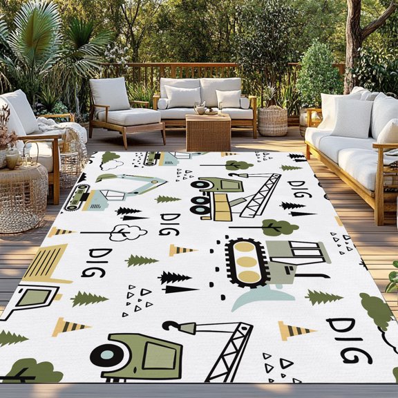 Outdoor Rug, Cartoon Tractor Digger Shovel Indoor Area Rug Outdoor Carpet RV Camping Rugs 3x5ft Cute Truck Car Themed Outside Mat for Patio Picnic Porch Deck Balcony Backyard