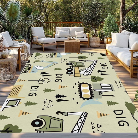 Outdoor Rug, Cartoon Tractor Green Digger Shovel Indoor Area Rug Outdoor Carpet RV Camping Rugs 3x5ft Cute Truck Car Themed Outside Mat for Patio Picnic Porch Deck Balcony Backyard