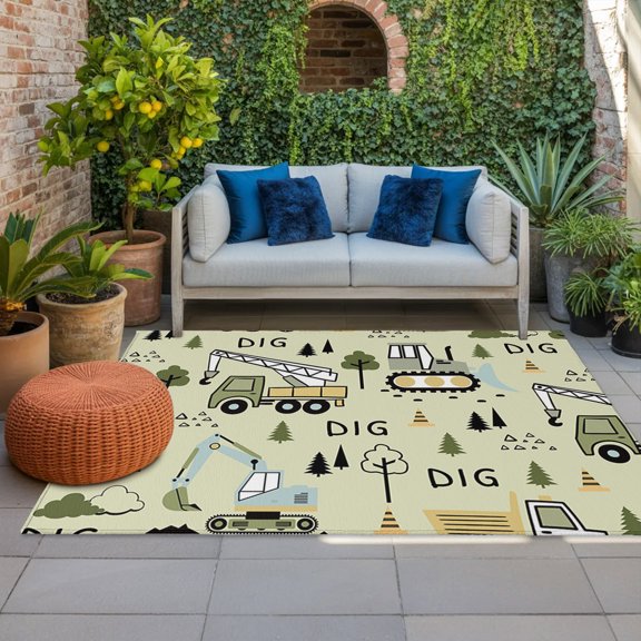 Outdoor Rug, Cartoon Tractor Green Digger Shovel Indoor Area Rug Outdoor Carpet RV Camping Rugs 4x6ft Cute Truck Car Themed Outside Mat for Patio Picnic Porch Deck Balcony Backyard