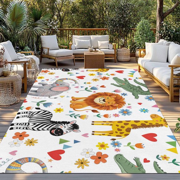 Outdoor Rug, Children's Day Lion Elephant Indoor Area Rug Outdoor Carpet RV Camping Rugs 3x5ft Giraffe Zebra Crocodile Outside Mat for Patio Picnic Porch Deck Balcony Backyard