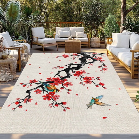 Outdoor Rug, Chinoiserie Bird Red Flower on Linen Indoor Area Rug Outdoor Carpet RV Camping Rugs 3x5ft Asian Scenic Spring Art Outside Mat for Patio Picnic Porch Deck Balcony Backyard