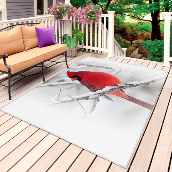 Outdoor Rug, Christmas Cardinal Bird Absorbant Non-Slip Area Rugs Mat Carpet for Patio Balcony Porch Backyard Deck Rv Camping 3x5ft Winter Snow Branch